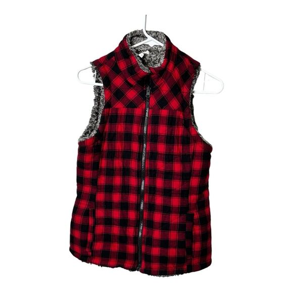 Maurice’s red black reversible plaid grey sherpa vest size small - Picture 4 of 7